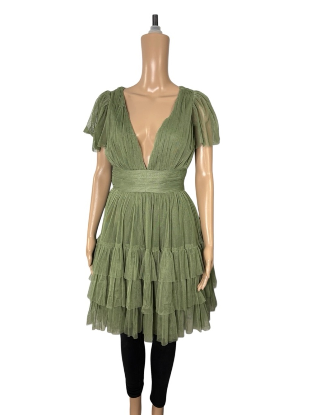 Lace & Beads Bridesmaid Olive Green Ruffled V-Neck Dress NWT